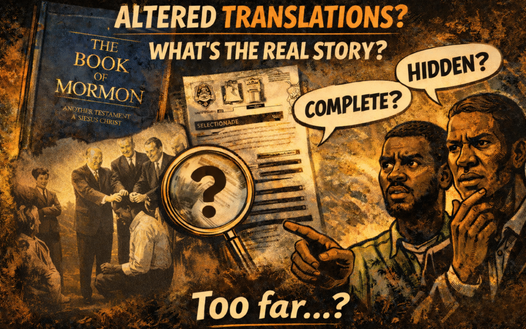 Illustrated graphic showing the Book of Mormon, historical documents, a magnifying glass with a question mark, and two men questioning whether translations are altered, complete, or hidden, with bold text asking “What’s the real story?”