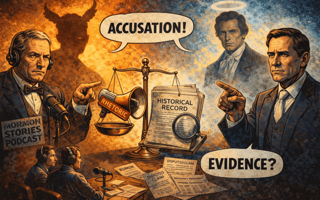 Graphic novel-style illustration showing a dramatic split scene: on the left, a podcast host at a microphone labeled “Mormon Stories Podcast” points forward as his shadow forms a horned silhouette, with a speech bubble reading “ACCUSATION!” On the right, a 19th-century man with a faint halo-like glow behind him gestures toward a stack of documents labeled “Historical Record,” with a speech bubble reading “EVIDENCE?” In the center, a balance scale weighs a megaphone labeled “Rhetoric” against historical documents and a magnifying glass. Papers on a desk read “Rumor” and “Disputed Claim,” emphasizing tension between interpretation and documentation.