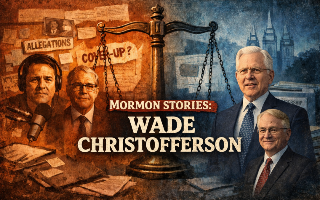 Editorial illustration showing a visual contrast between allegations and evidence. On the left, warm orange tones depict podcast figures, a microphone, and an investigative board with the words “allegations” and “cover-up.” In the center, scales of justice symbolize evaluation of claims. On the right, cool blue tones show D. Todd Christofferson and Wade Christofferson beside membership records and a distant LDS temple, representing institutional records and response.