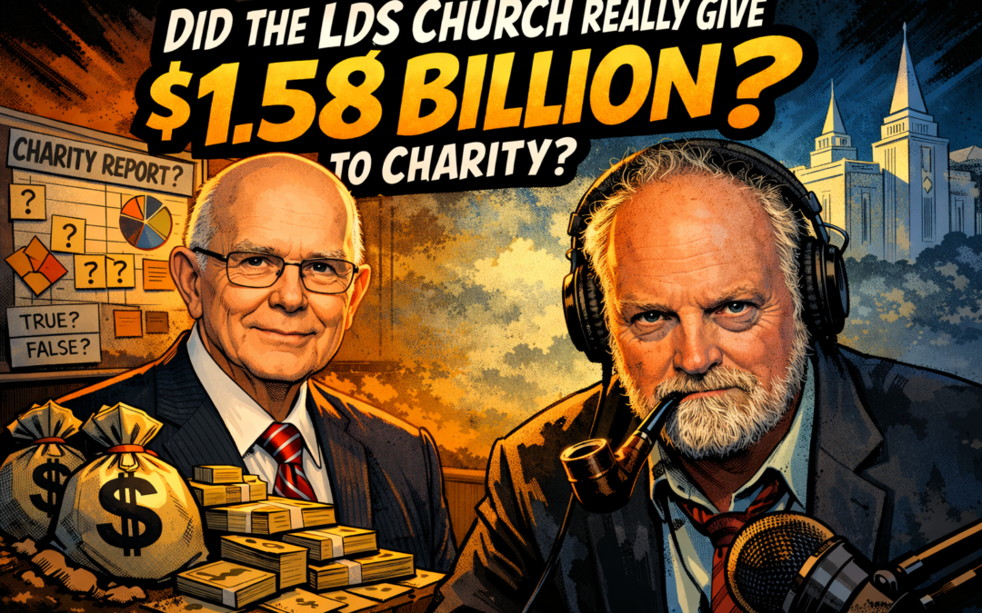 Graphic novel-style illustration of two men debating LDS Church finances with money stacks and a temple in the background.