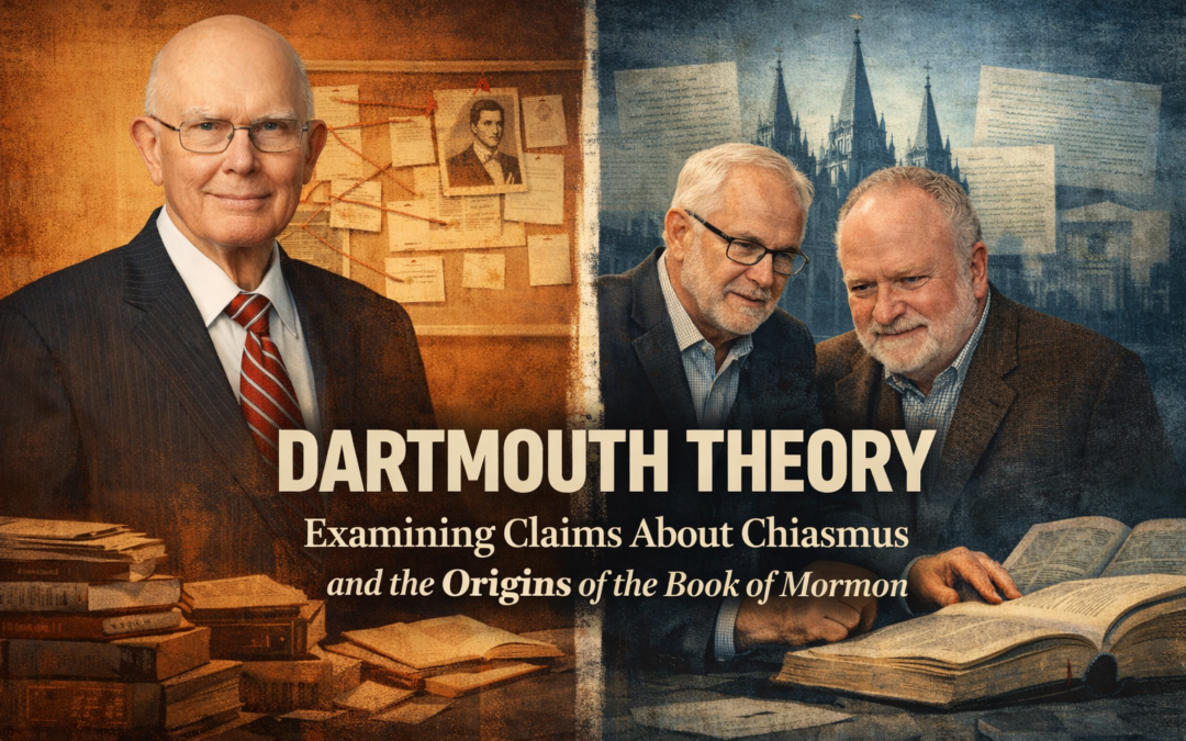 Editorial illustration contrasting Dallin H. Oaks with Randall Bell and Radio Free Mormon, representing the debate over chiasmus and the origins of the Book of Mormon.