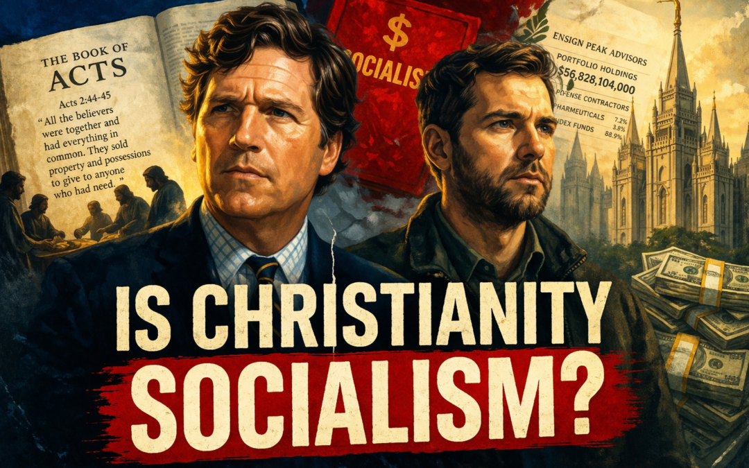 Editorial illustration of a Christianity and socialism debate, featuring two men, Acts 2 Bible text, LDS Church financial documents, money stacks, and a temple, with the headline “IS CHRISTIANITY SOCIALISM?”