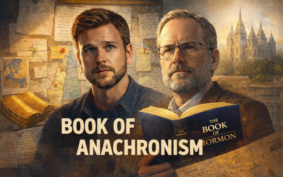Editorial illustration of two serious men in an investigative setting, with documents and maps pinned on a board behind them and a temple in the background. One man holds an open Book of Mormon while golden plates appear nearby. The scene uses warm, slightly vivid tones with a textured, documentary-style finish, and includes the headline “BOOK OF MORMON ANACHRONISM.”