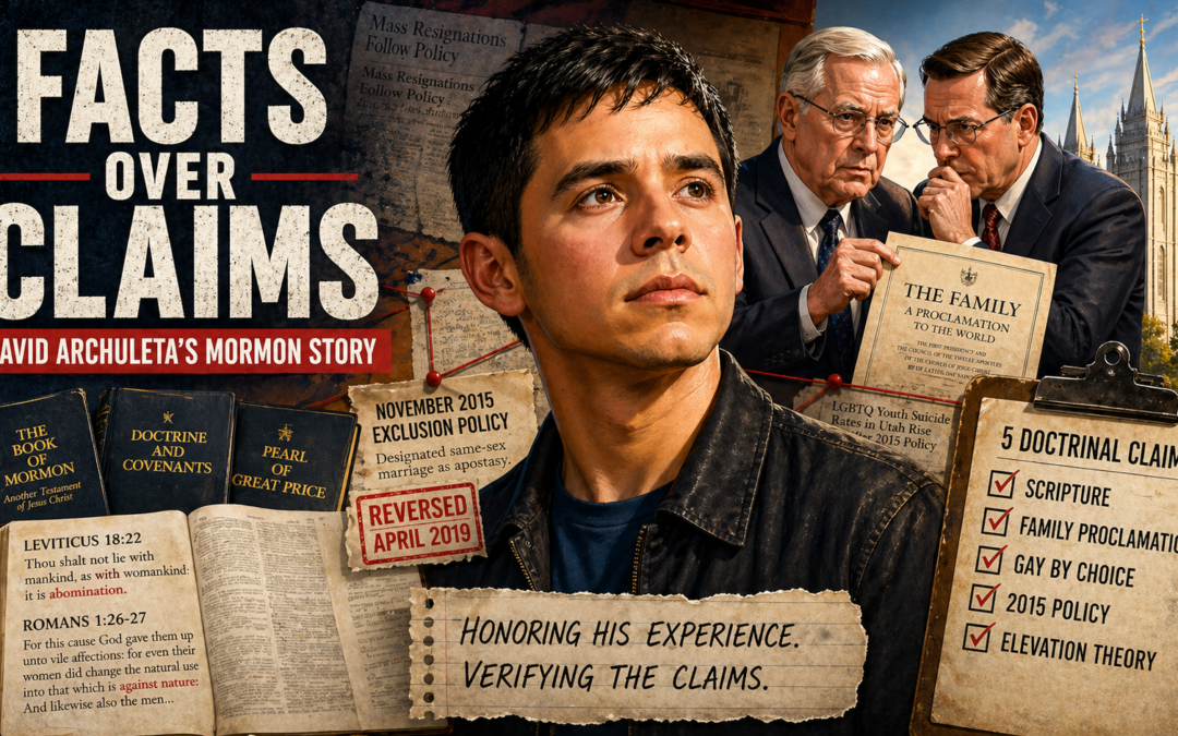 Editorial illustration for Mormon Truth showing David Archuleta at the center with a serious expression, surrounded by LDS scriptures, documents, church leaders, a temple, and notes about five doctrinal claims. The bold headline reads “FACTS OVER CLAIMS,” representing a fact-check of David Archuleta’s Mormon story.
