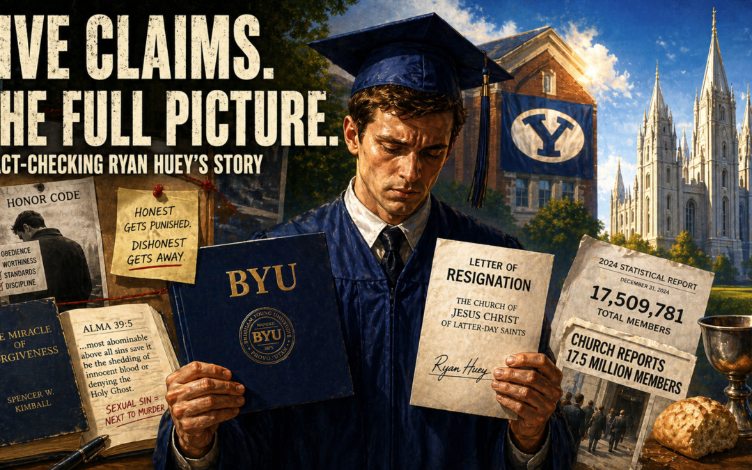 BYU graduate holding diploma and resignation letter in editorial-style fact-check illustration.