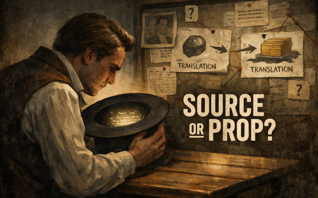 Editorial illustration of a serious man looking into a hat with a faint glow inside, while an investigative board in the background connects a seer stone and gold plates, suggesting a debate over the source of translation.