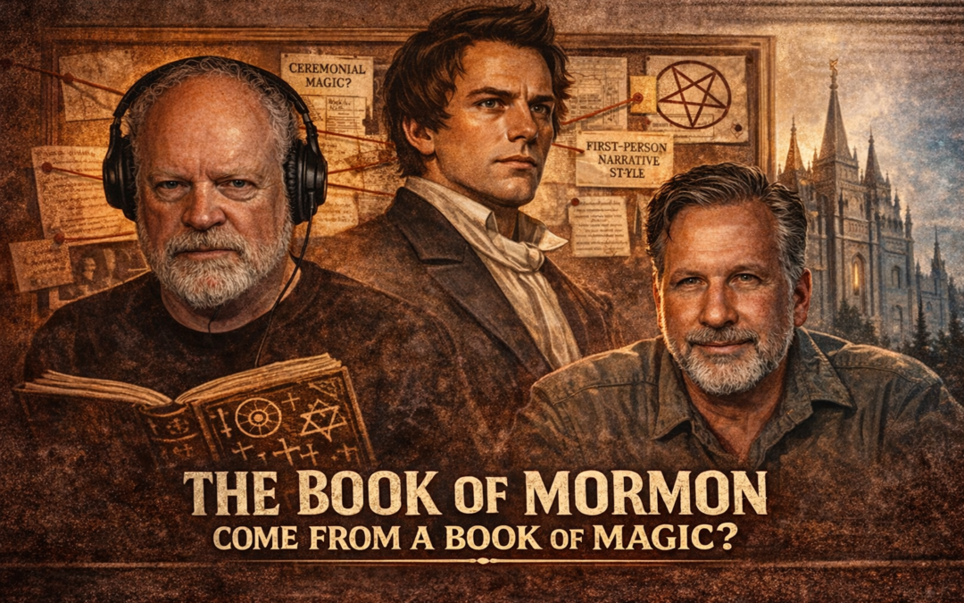 Editorial illustration showing three men—Radio Free Mormon on the left with headphones, Joseph Smith in the center in 19th-century attire, and John Lundwall on the right—set against an investigative board with documents and symbols, with an LDS temple in the background and the headline “The Book of Mormon Come from a Book of Magic?”