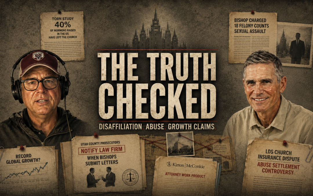 Editorial illustration for an article, two commentators and the headline “The Truth Checked,” examining claims that 40% of Mormons raised in the United States have left the church, alongside references to LDS Church growth, abuse allegations, legal controversies, and fact-checking documents pinned on a bulletin-board background.