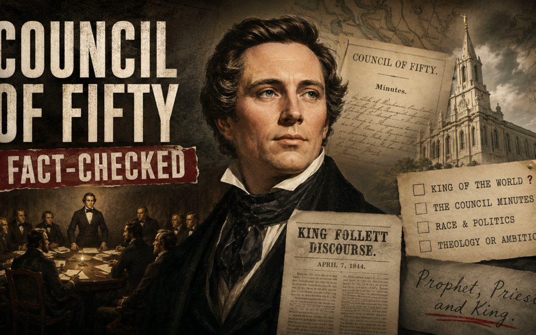 Editorial illustration of Joseph Smith surrounded by Council of Fifty documents, investigative notes, and a Mormon temple, with the headline “Council of Fifty Fact-Checked” in a vintage investigative journalism style.