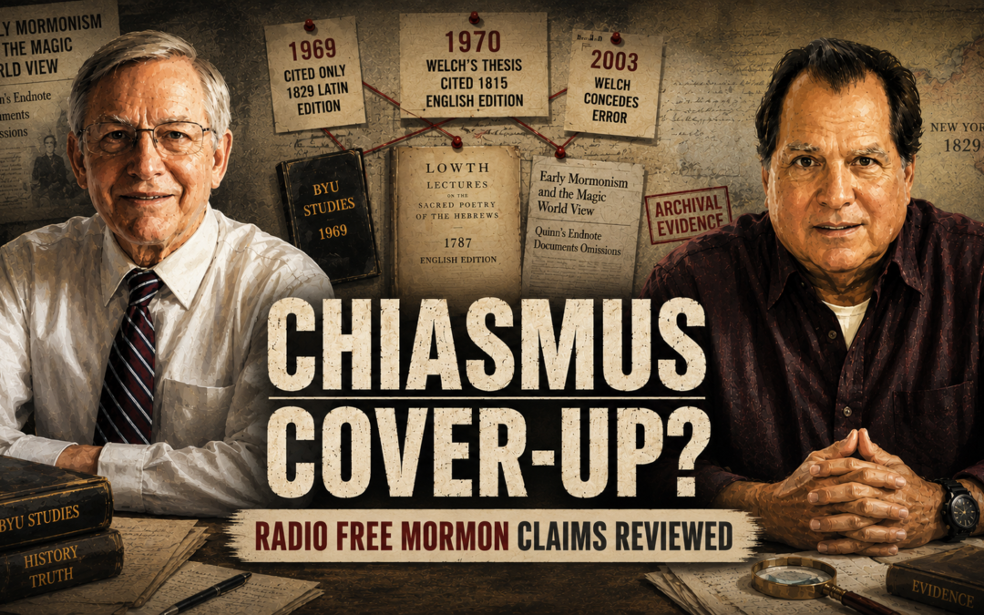 Editorial illustration for the John Welch chiasmus controversy showing John Welch and D. Michael Quinn in an investigative setting with archival documents, citation timelines, research boards, and the headline “CHIASMUS COVER-UP?” in a textured documentary-style design.