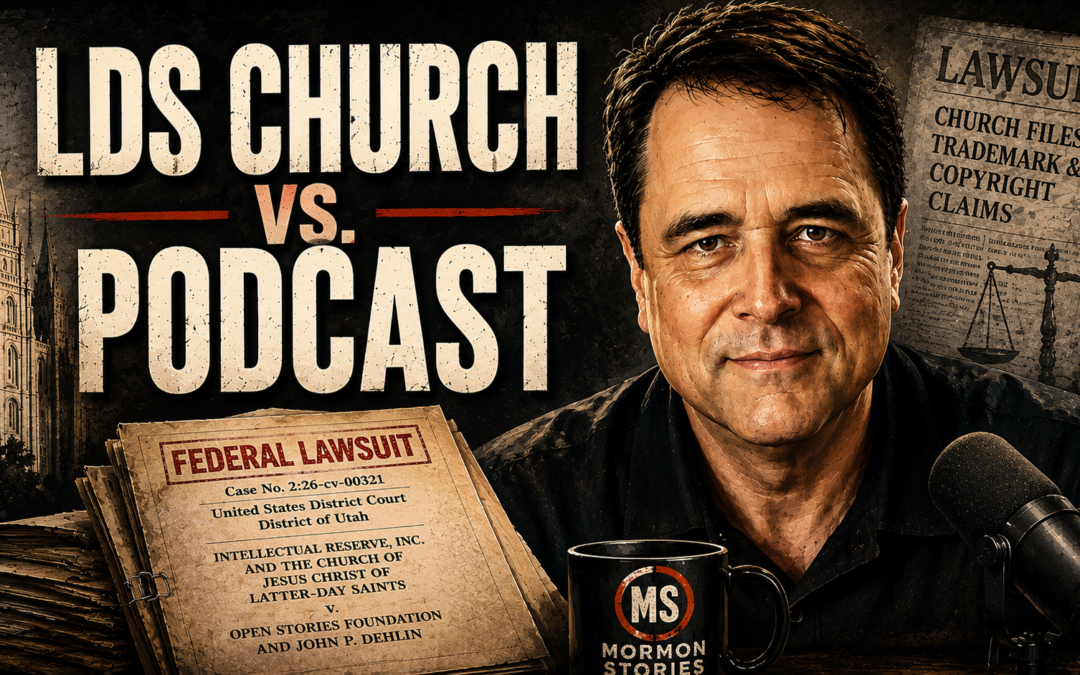 Editorial illustration for LDS Church suing Mormon Stories showing John Dehlin and Radio Free Mormon in an investigative documentary style with legal documents, court complaint imagery, LDS temple background, and bold white “CHURCH VS PODCAST” headline.