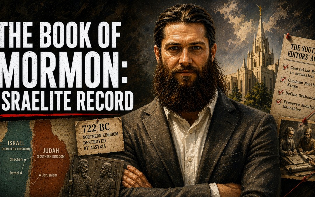 Editorial illustration of a painted investigator with historical Israel and Judah imagery representing the Book of Mormon as an Israelite record rather than a later Jewish text.