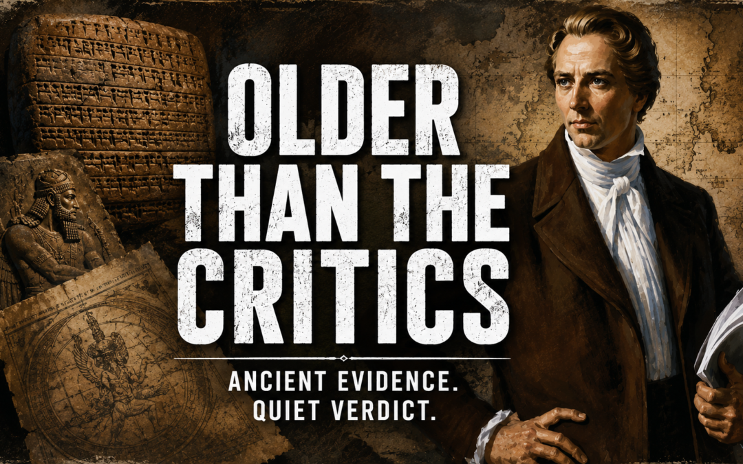 Ancient evidence illustration featuring Joseph Smith, ancient tablets, maps, and historical artifacts.
