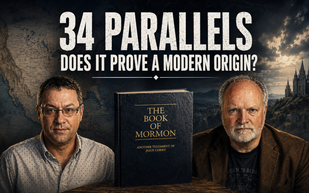 Book of Mormon displayed between two commentators in an editorial illustration exploring the 34 parallels argument and modern origin claims