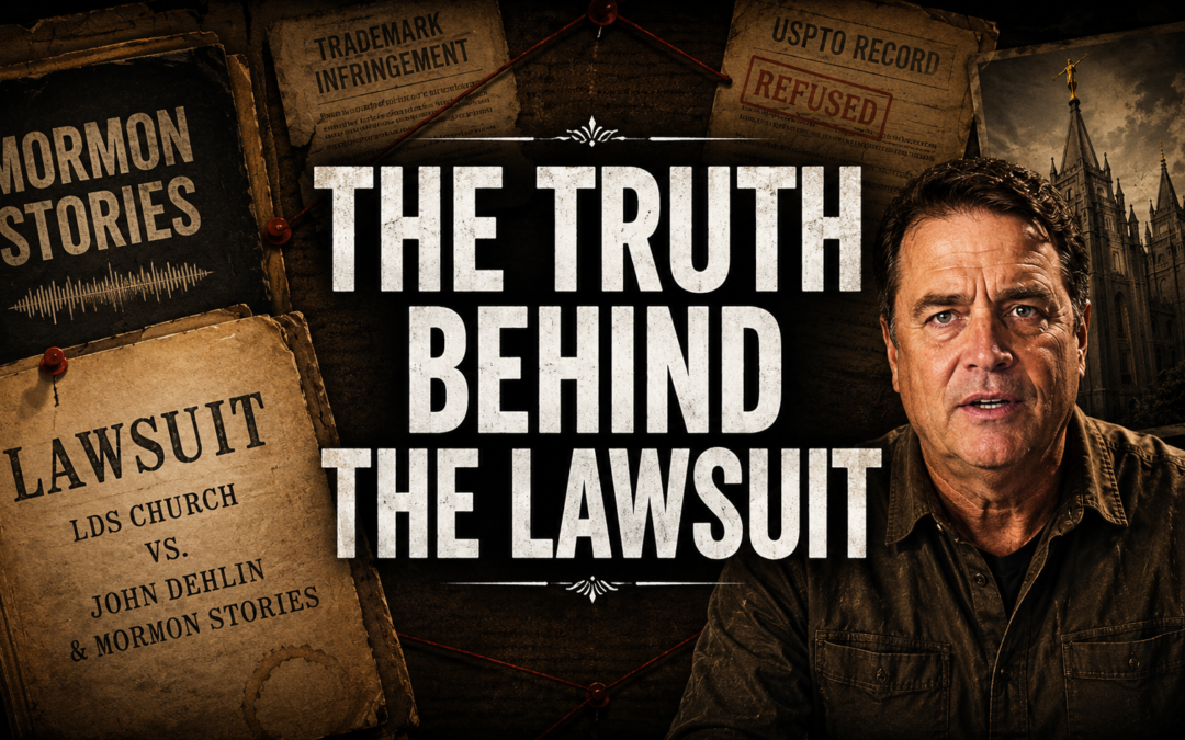 John Dehlin lawsuit editorial illustration featuring John Dehlin, an LDS temple, legal documents, and Mormon Stories branding.