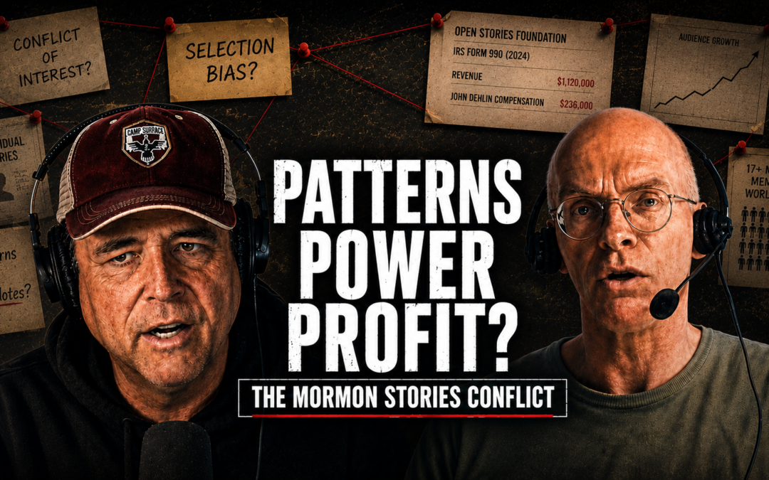 Editorial illustration of John Dehlin's Mormon Stories and Corey Tlausen discussing, with investigative documents.
