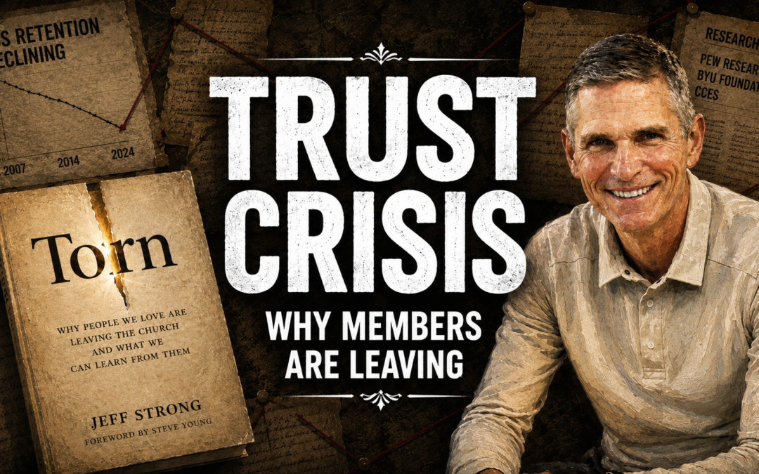 Editorial illustration for Why Latter-day Saints Leave, featuring Jeff Strong beside his book Torn, with investigative research documents, retention data, and a trust crisis theme in the background.