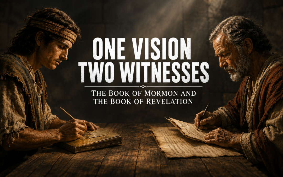 Book of Mormon and Book of Revelation editorial illustration showing Nephi and John writing their sacred records under dramatic lighting.