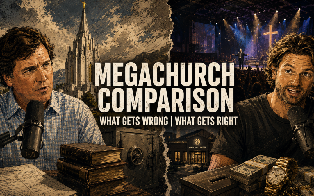 Illustrated portrait of Tucker Carlson and Nathan Turner with an LDS temple and a megachurch, representing a comparison of church finances and governance.